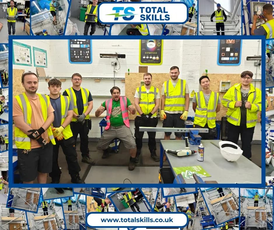 Eight students completing health and safety practical assessments at Total Skills electrical training centre