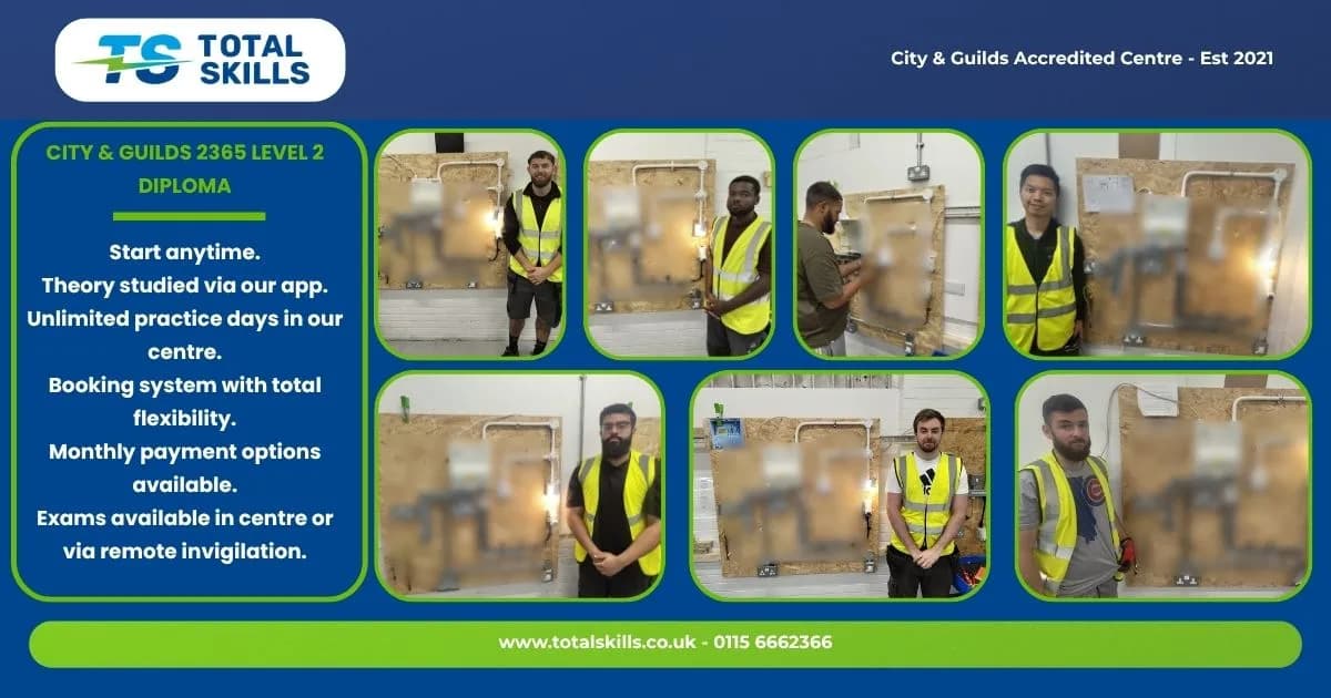 Seven students completing final Level 2 electrical assessment at Total Skills training centre